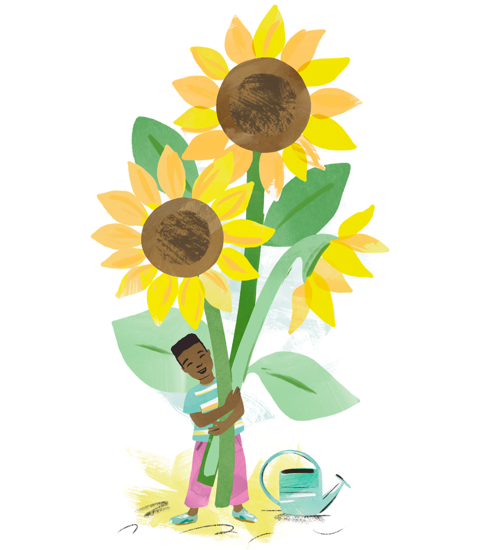 Illustration of a person holding a bouquet of giant sunflowers